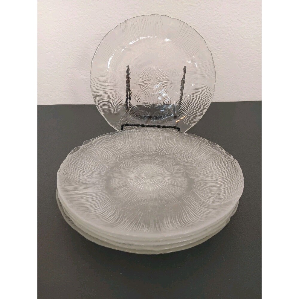 Vintage Clear Pressed Glass Floral Textured 8" Salad Plates Set of 6